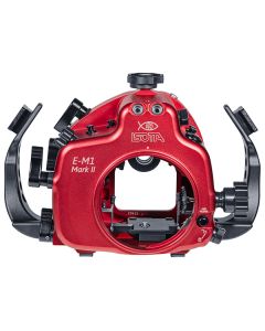 Aluminum anodized underwater housing for Olympus E-M1 Mark II mirrorless camera.