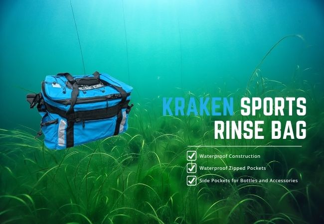 Kraken Sports Rinse Bag next to diving gear, ready for use between dives