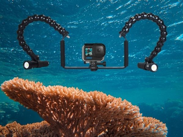 GoPro with protective housing and video lights